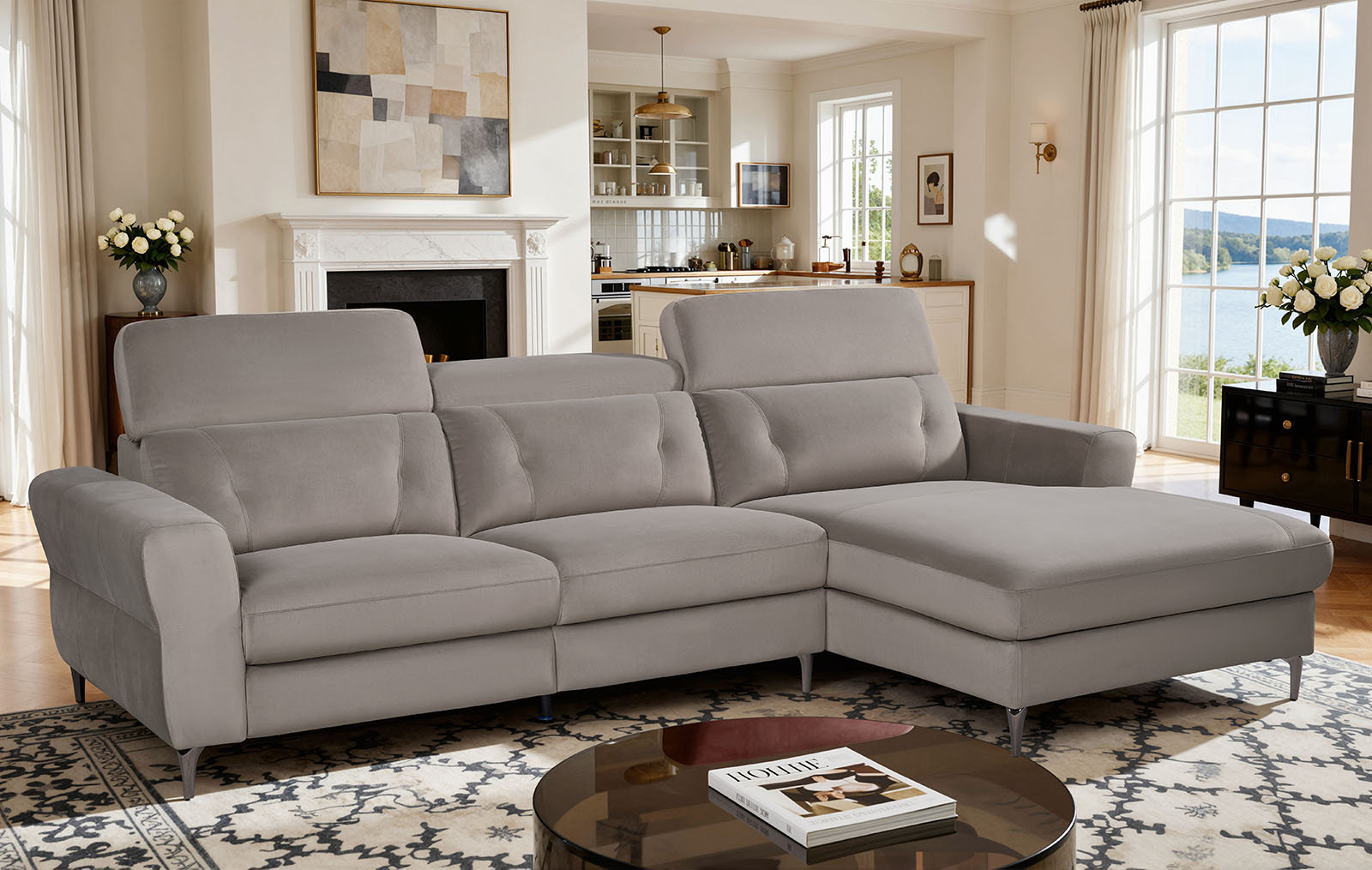 Диван-реклайнер Adeline угловой (правый), серо-коричневый