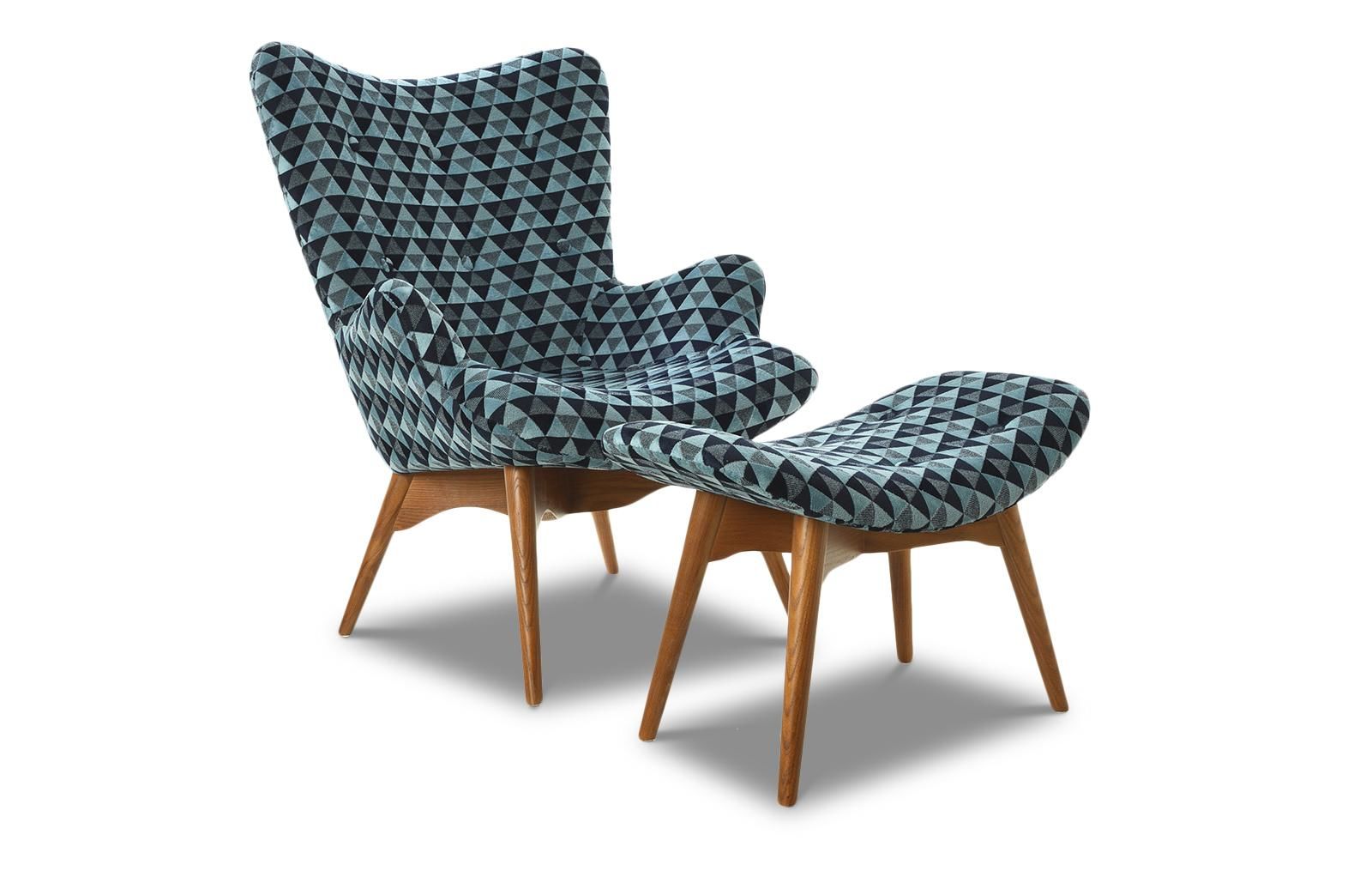 Кресло с оттоманкой Contour, голубой принт/коричневый