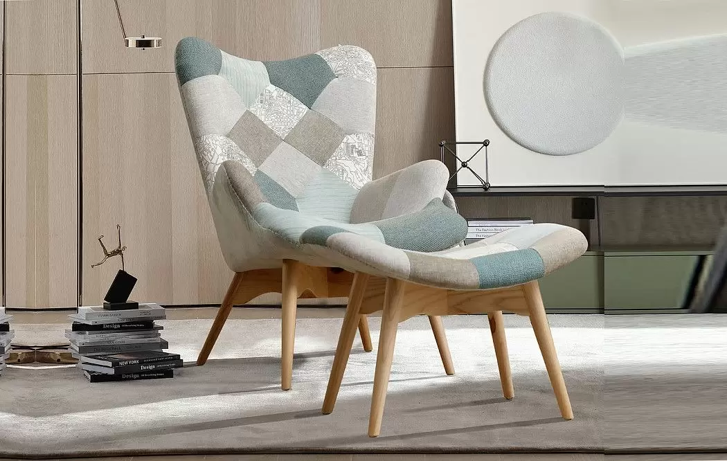 Кресло и оттоманка Contour, светлый пэчворк/ясень