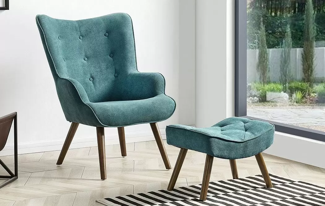Кресло и оттоманка Hygge, темно-бирюзовый/орех