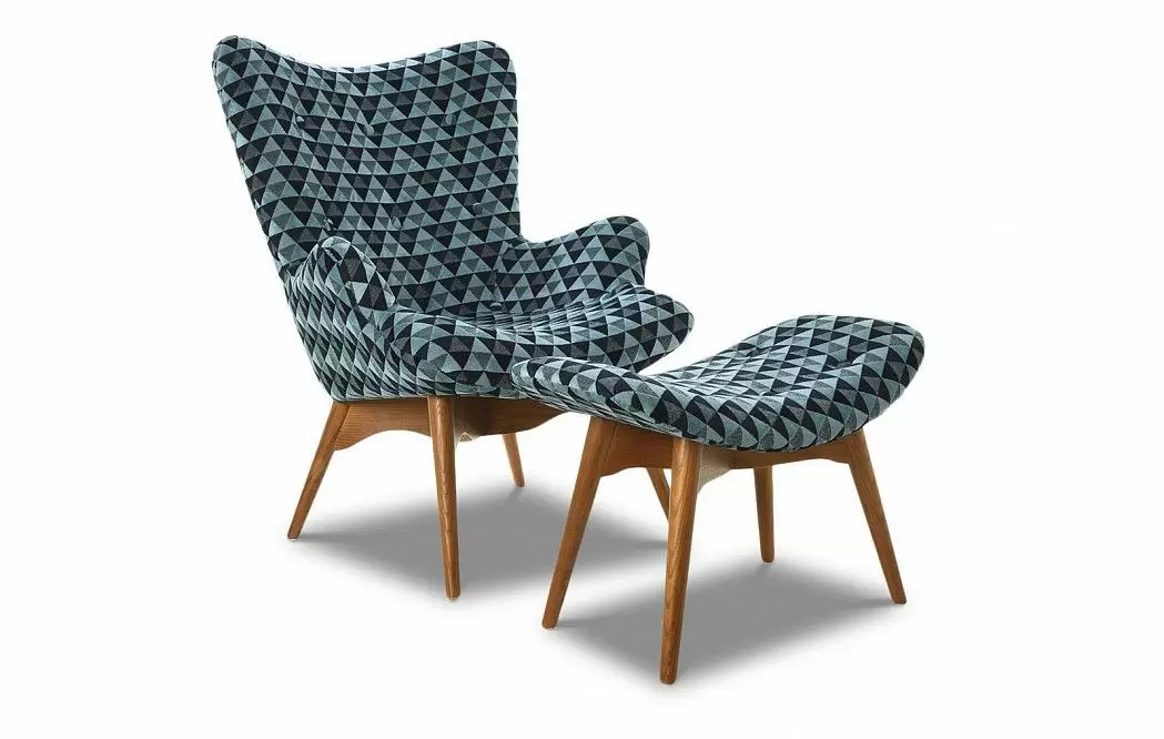 Кресло с оттоманкой Contour, голубой принт/коричневый